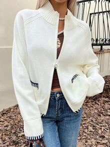 Livesso Women's Casual Cardigan With High Collar And Raglan Sleeves, Autumn - Black and White - View 5