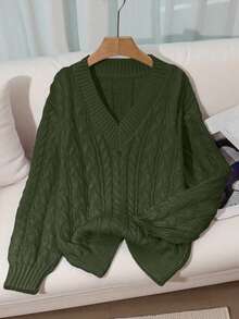 Franclia New Loose, Soft, Sweet Pink Oversized V-Neck Thick Cable Knit Pullover Sweater For Women, Unique Design, Versatile - Army Green - View 3