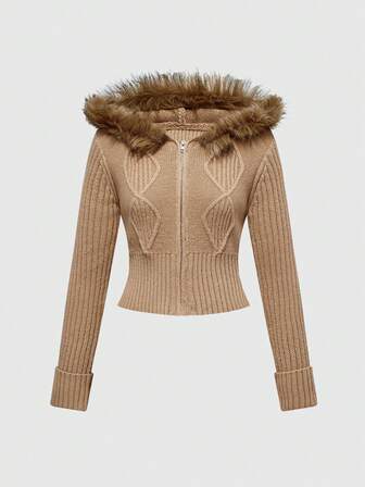 Fairycore Camel Hooded Faux Fur Collar Knitted Cardigan For Women, Vintage Twist Cable Short Zip-Up Slim Fit Sweater Jacket, Autumn/Winter