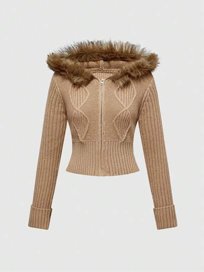 Fairycore Cardigan tricoté avec capuche et col en fausse fourrure de chameau pour femmes, veste pull slim zippée courte avec torsade vintage, automne/hiver