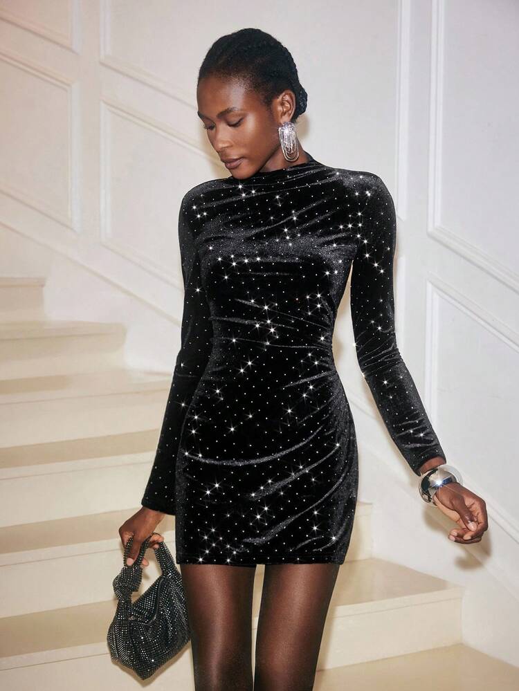 SHEIN Maija Women's Fashion Sexy Rhinestone Embellished Bodycon Mini Dress