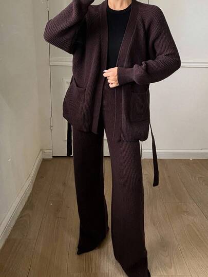 DAZY Women's Casual Solid Color Belted Cardigan And Pants 2 Pieces Knit Set, Autumn