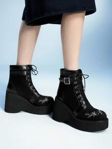 Sugerpunk 时尚刺绣图案踝靴，适合派对和聚会，哥特式金属铆钉系带靴，黑色朋克风格厚底高跟靴 - 黑色 - 查看 2