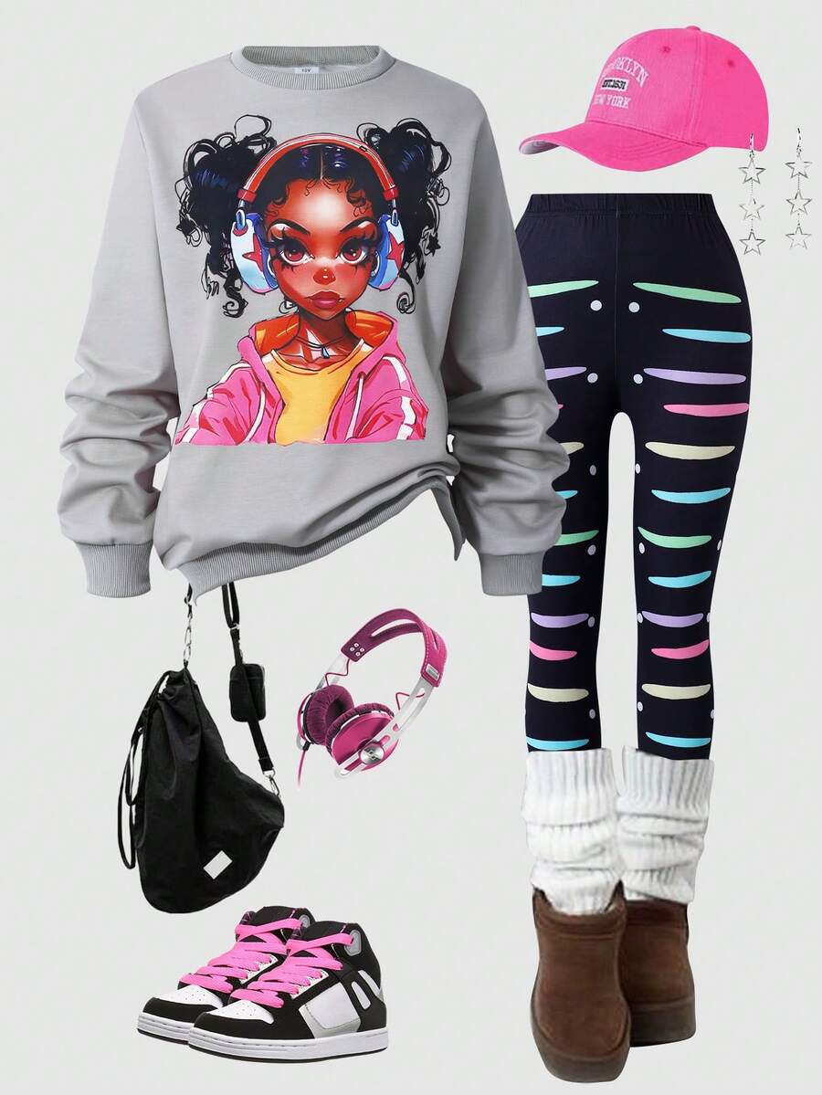 Tween Girl Hip Hop Graphic Print Sweatshirt And Colorful Moon Print Pants Set, Suitable For Street Style - Grey - View 1