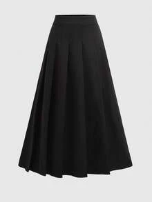 少女黑色长款百褶休闲裙