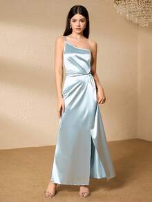 Vestido largo de satén verde oliva, elegante vestido de gala formal de un solo hombro para adolescentes, vestimenta de alta gama para ocasiones especiales - Verde Oliva - Ver 6