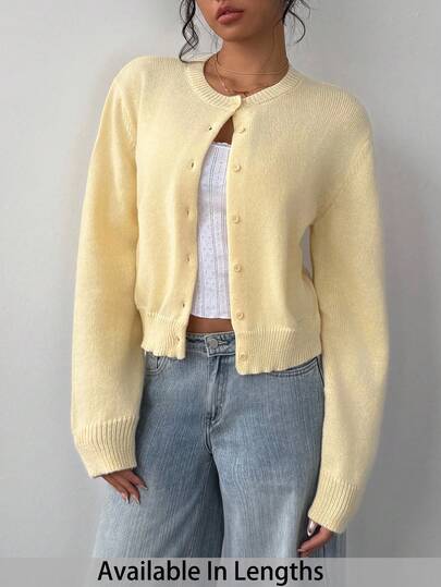 SHEIN PETITE CURVE Cárdigan de mujer de talla grande de unicolor, cuello redondo, manga larga, holgado y corto. Cálido y cómodo, elegante y acogedor, ideal para el uso diario. Cárdigan amarillo de mujer de talla grande, cárdigan amarillo de mujer de talla pequeña, cárdigan de mujer de talla grande