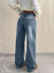 EURMUSE LOW WAIST BAGGY LOOSE STRAIGHT LEG JEAN - Dusty Blue - View 2