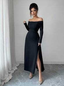 Lyxana Women's 2025 Autumn/Winter New Elegant Garden Party Pearl Decor Long Sleeve Waist Cinched Maxi Dress - Black - View 4