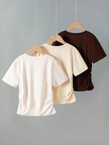 Sparklyn 3 件女童蝴蝶结印花腰部短袖 T 恤，灰色、粉色、黑色 - 咖啡棕 - 查看 2