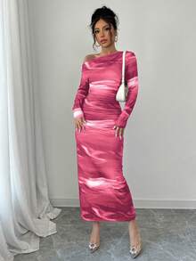 Elenzga Women Tie-Dye Print Round Neck Fitted Long Dress, Elegant (Random Floral Pattern) Maxi Women Outfit - Pink - View 7