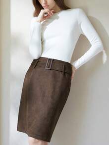 Aveloria Modichic 女装秋冬时尚欧美风格仿麂皮腰带宽松休闲复古通勤优雅半身裙 - 棕色 - 查看 5