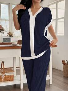 Lazeform Bộ đồ ngủ 2 món dệt kim màu trơn cổ chữ V tay ngắn và quần dài cho nữ - Màu xanh hải quân - Xem 7