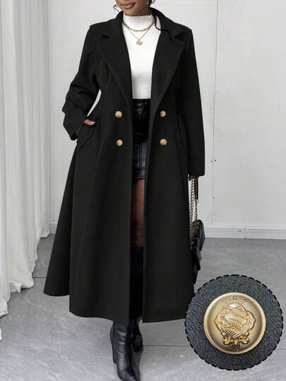 Maweii معطف أنيق وكاجوال للنساء ذوات الأحجام الكبيرة، بياقة مربعة وصدر مفتوح، بلون أزرق غامق، خصر على شكل حرف A، جيوب، طول متوسط، مناسب للخريف والشتاء