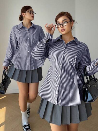 POPSWAY 美人鱼风格条纹腰带编织长袖衬衫，休闲基本款宽松衬衫，适合学生、工作、校园、春秋季，加大码