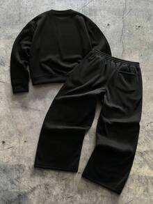 AXEPEAK Men Contrast Color Patchwork Pullover And Sweatpants Set, Cozy Outfits, Fall Clothes - Black - View 2