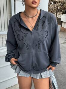 SHEIN EZwear 大码标语及人物图案落肩拉链卫衣，爱的使者，秋冬季 - 深灰色 - 查看 6