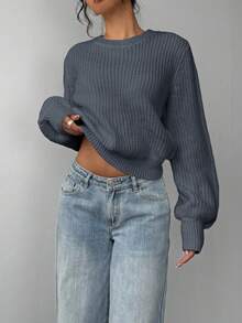 SHEIN BASICS Women's Casual Solid Color Sweater, Autumn/Winter,Cozy Fall And Winter Clothes For Women,Fall,Fall Clothes For Women - Dark Grey - View 3