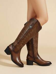 Bota para mujer bordado artesanal punta fina sin cordones tacón medio estilo vaquero para fiesta y diario bota alta western - Marrón - Ver 2