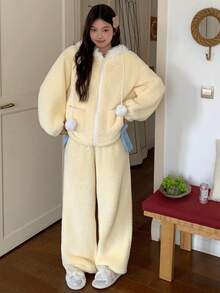 DAZY 加厚抓绒连帽宽松女士睡衣套装，冬季舒适保暖