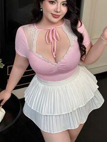 Flirla 时尚系带领口蕾丝长袖上衣，优雅迷人 - 粉色 - 查看 1