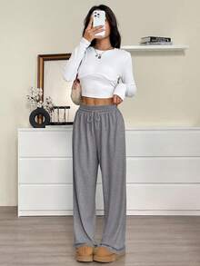 SHEIN EZwear Quần nỉ dài tay dáng rộng màu xám có dây rút eo cỡ lớn dành cho nữ - Xám - Xem 4