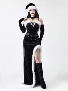 ROMWE Goth 哥特式天鹅绒拼布人造毛皮高开叉紧身连衣裙 - 黑色 - 查看 5