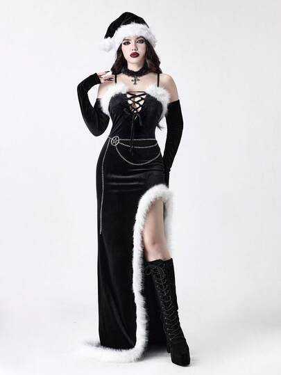 ROMWE Goth 哥特式天鹅绒拼布人造毛皮高开叉紧身连衣裙