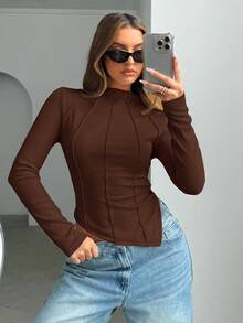 Siren Gaze Ladies' Plain V-Neck Slit Sleeve T-Shirt Winter Brown Casual Spring - Brown - View 6