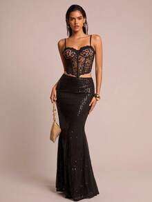 SHEIN Glamour 性感豹纹撞色蕾丝钢圈鱼骨花吊带背心女 - 彩色 - 查看 7