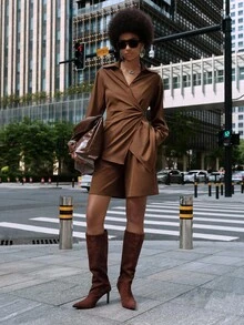 Lumivelle Women's Elegant Coffee Brown Blouse,Autumn Office Regular Fit X-Shaped Shirt Collar Drop Shoulder Long Sleeve Waist Fold Pleated Splice Belt Blouse - Brown - View 3