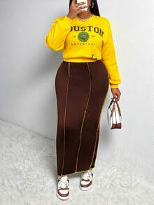 Slaydiva 2025秋冬新款女装加大码黄色长袖印花卫衣+棕色撞色修身半身裙套装，适合日常、外出、购物、街头、学校、大学等场合的时尚搭配。 - 彩色 - 查看 2