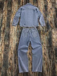 Teen Boy Fashion Casual Y2k Vintage Cool Street Returns To School College Sense Of Design Two Pieces Set Of A Simple And Nostalgic Blue Denim Lapel Long-Sleeved Jacket And Comfortable Loose Jeans For Kids Clothes Teen Boy Soft Dailywear And Kids Winter And Fall Rave Outfits Festival And Outfits Streetwear School Clothes