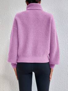 Celisse Sweater Pullover Kasual Longgar Lengan Panjang Kerah Tinggi Bahu Jatuh Warna Polos untuk Wanita, Musim Gugur/Dingin - Lilac Purple - View 2