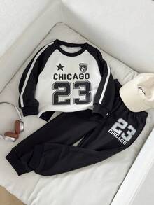 Playful Pals 男童休闲运动罗纹圆领前幅图案插肩袖运动衫，腰部抽绳罗纹下摆裤子套装，秋冬 - 黑色 - 查看 1