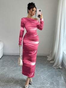 Elenzga Women Tie-Dye Print Round Neck Fitted Long Dress, Elegant (Random Floral Pattern) Maxi Women Outfit - Pink - View 1