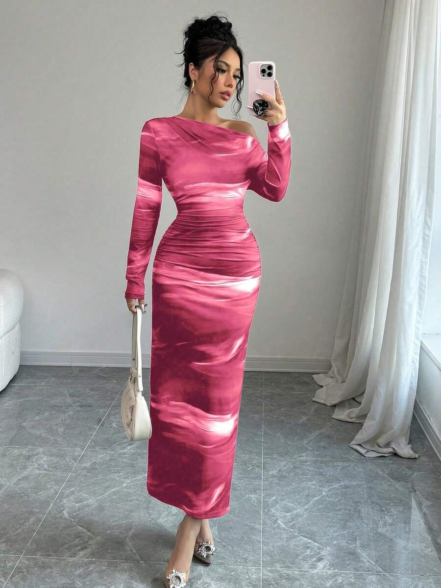 Elenzga Women Tie-Dye Print Round Neck Fitted Long Dress, Elegant (Random Floral Pattern) Maxi Women Outfit - Pink - View 1
