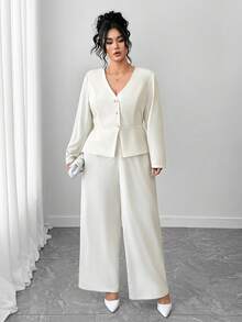 SHEIN Tall CURVE Women Elegant Long Sleeve Blazer And Pants Set, Business/Commuting Style, Suitable For Summer, Independence Day, Graduation, Back To School - White - View 6