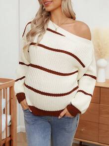 SHEIN Maternity Casual Colorblock Striped Asymmetric Neck Sweater, Autumn/Winter - Multicolor - View 4
