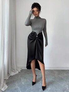 Modelyn Women's Color Block Elastic Fitted Waist Pleated Long Dress, Elegant High Neck Long Sleeve Asymmetrical Hem Dress - Black - View 6