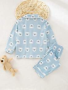 2pcs Baby Boy Knitted Cardigan Long Sleeve Top And Pants Set, Bear Pattern, Blue & White, Casual Loungewear, Autumn/Winter - Multicolor - View 2