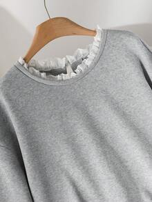 CosyJoli Plus Size Casual Round Neck Ruffle Patchwork Split Loose Sweatshirt Dress