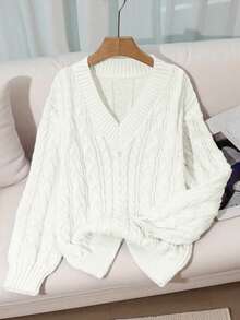 Franclia 新款宽松、柔软、甜美粉色超大V领粗麻针织套头衫，独特设计，百搭 - 白色 - 查看 3