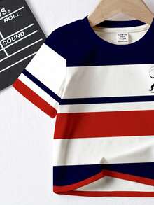 SHEIN Baby Boy Casual Chic Classic Striped Patchwork, Knight Riding Horse Graphic Short Sleeve T-Shirt, Suitable For Summer Baby Boy Summer Outfit Baby Boy Clothes Set Baby Boy Striped Shirt Baby Boy Red White And Blue Clothes Kids Western Wear - Multicolor - View 5