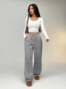 SHEIN EZwear 卵石缝线细节直筒运动裤 - 灰色 - 查看 5