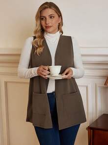 EMERY ROSE Áo khoác không tay màu trơn cỡ lớn, túi rộng, đơn giản, mặc thường ngày, mùa xuân/hè, thu/đông - màu nâu - Xem 4