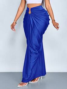 SOLERSUN 女士时尚纯色褶皱半身裙 - 寶藍色 - 查看 5