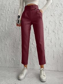 High Waist Belted Suit Pants With Slanted Pockets - Burgundy - View 1