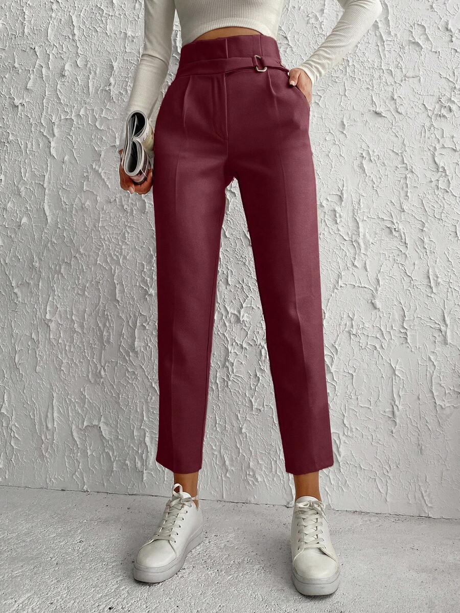 High Waist Belted Suit Pants With Slanted Pockets - Burgundy - View 1