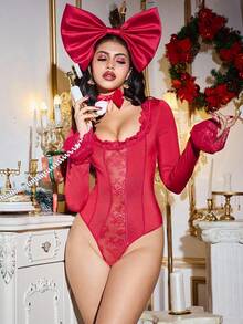 FairyFlirt Body-uri sexy cu mânecă lungă și model patchwork din dantelă, culoare uni, pentru femei, de Crăciun